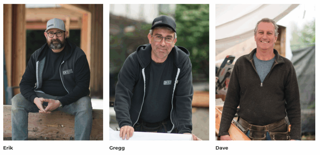 Team members of Kennedy Construction, showcasing Erik, Gregg, and Dave, highlighting skilled craftsmanship in home renovations.