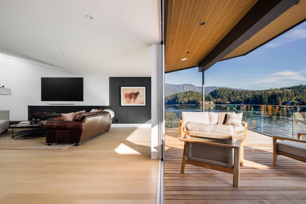 Twelve foot glass sliding system opening the living room onto the patio